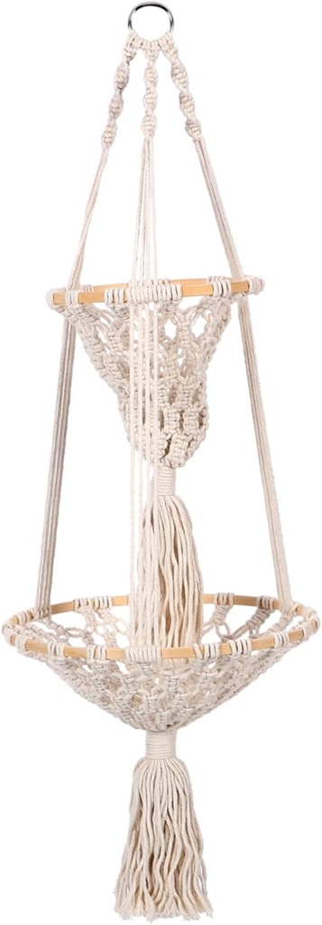 Zerodeko Handwoven Double-layer Cotton Rope Hanging Fruit Basket for Kitchen Storage Bohemian Style Vegetable Organizer for Potatoes Onions and Fruits