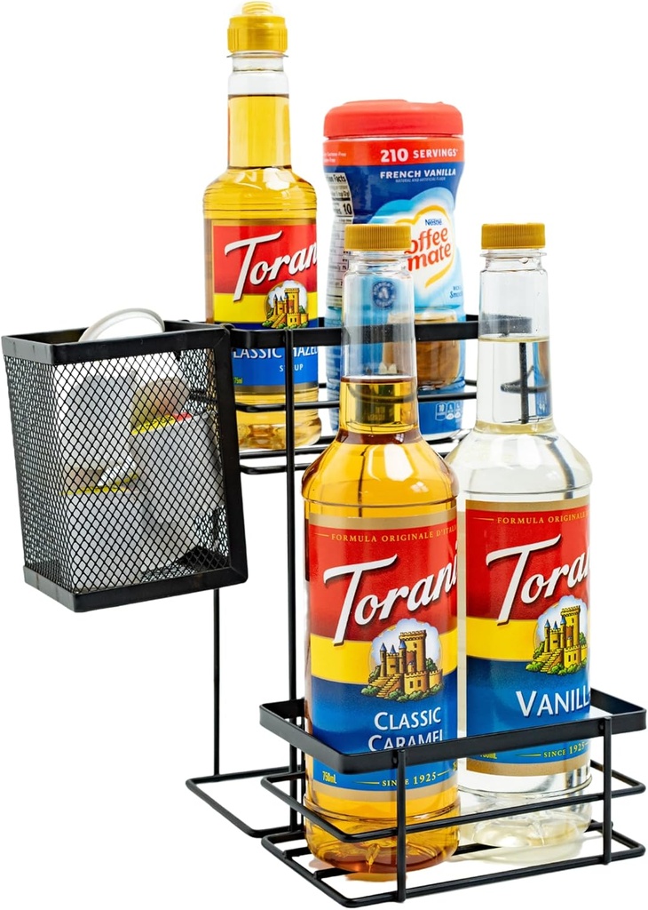 Bella Beau Coffee Syrup Organizer, Coffee Syrup Dispenser, w/Moveable Mesh, Syrup Rack, Tea Station Stand for Countertop, Holds 4 Bottles, Tea Bar Accessories for Countertop