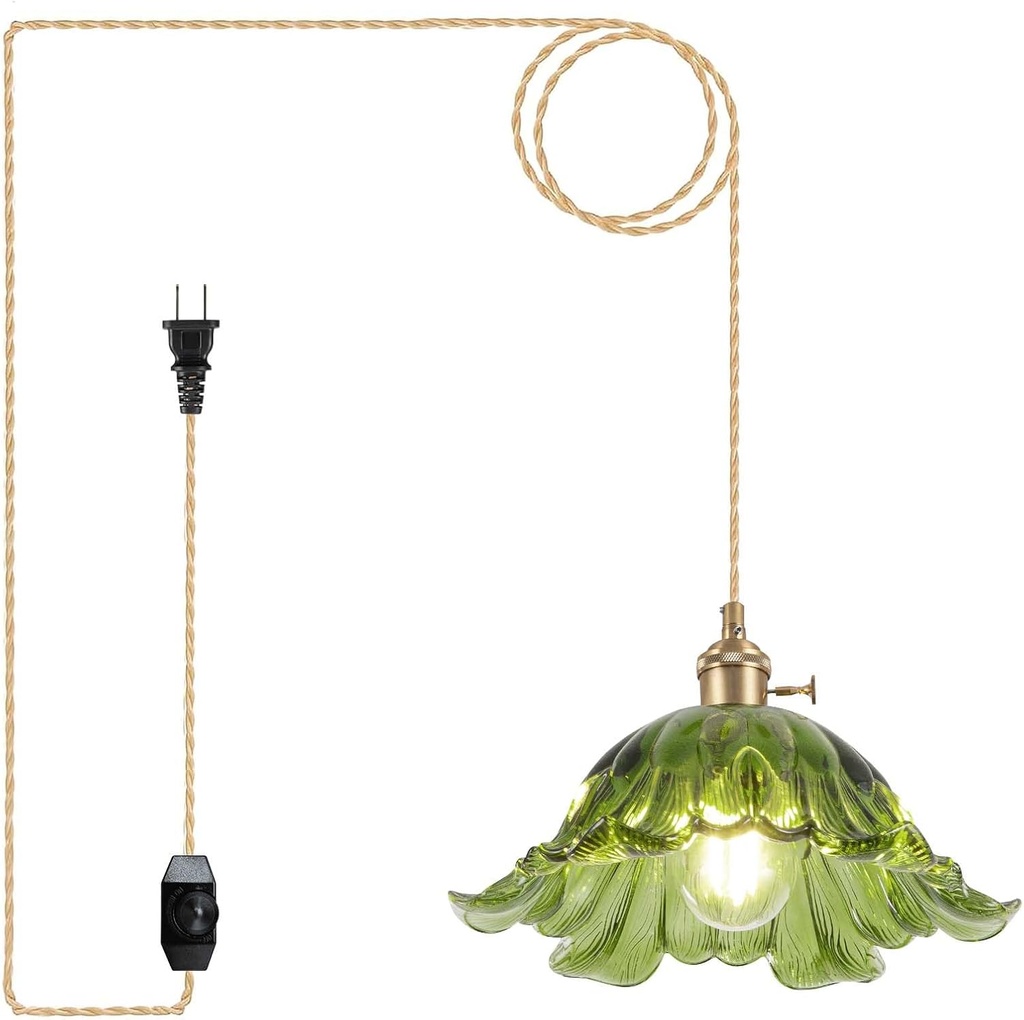 Plug in Pendant Light Fixtures,Hanging Light Fixture Corded On/Off Switch,11 inch E26 Green Glass Lampshade Pendant Lighting for Kitchen Island, Bedroom, Dining Room