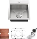 15x15 Inch Drop-in Workstation Bar Sink | 16 Gauge T304 Stainless Steel Topmount Sink | 9" Deep Single Bowl for RV, Laundry & Studio with Mahogany Cutting Board