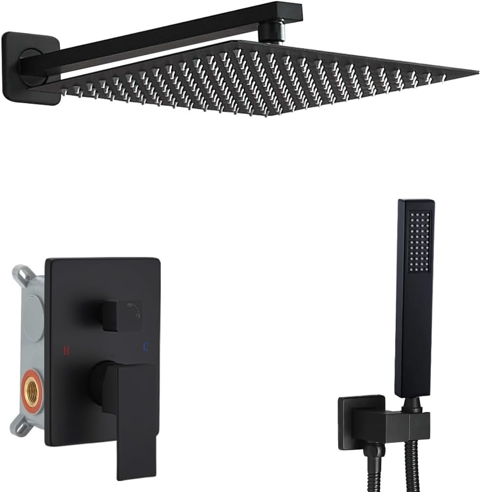 Matte Black Shower System 16 Inch Bathroom Luxury Rain Mixer Shower Combo Set Wall Mounted Rainfall Shower Head and Handheld System Shower Faucet Set Rough-in Valve Body and Trim Kit