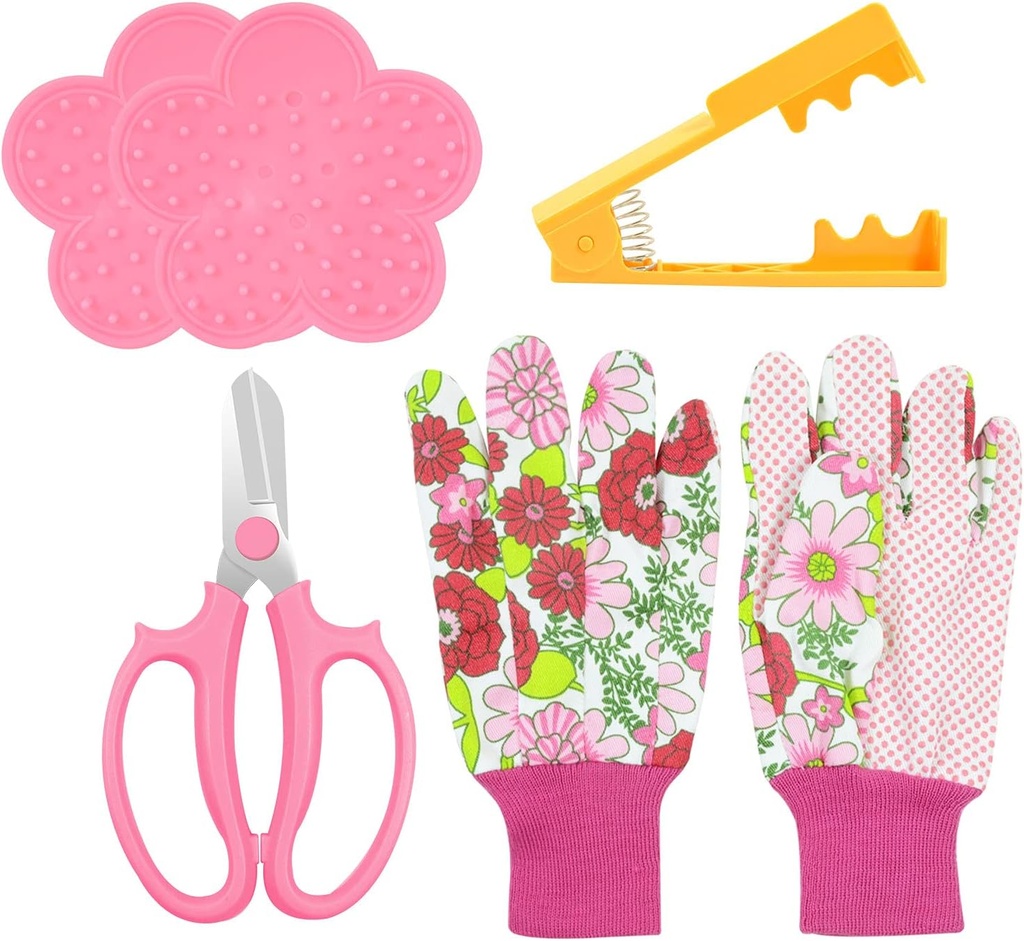 5PCS Rose Thorn Tools Rose Leaf Thorn Strippers with a Rose Pruning Shears and Garden Rose Gloves Pink1