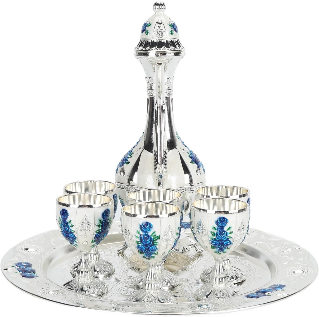 ZJchao Vintage Metal Wine Glasses Pot Set Zinc Alloy with Tray Pot and 6 Glasses for Home Party Wedding (Sliver White Blue)