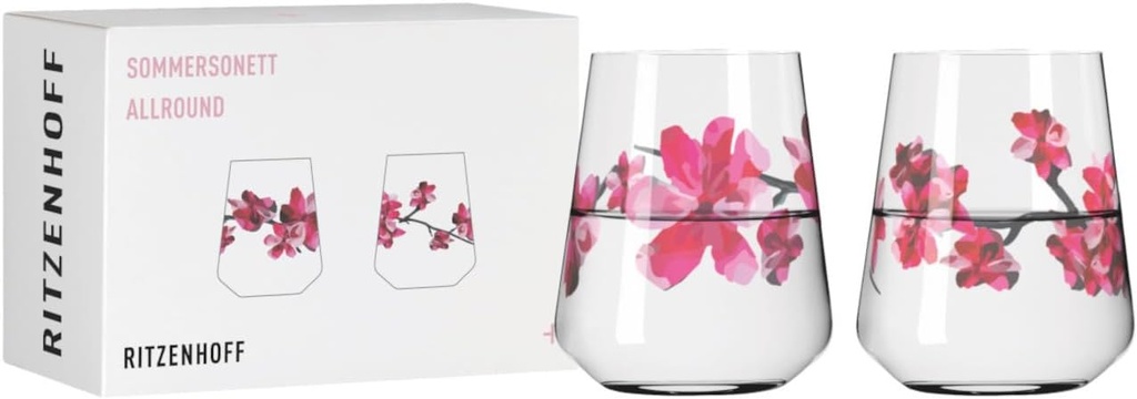 RITZENHOFF 3462002 Universal Glass Set of 2 500 ml Summer Sonett Allround Cherry Blossom Motif Pink Made in Germany