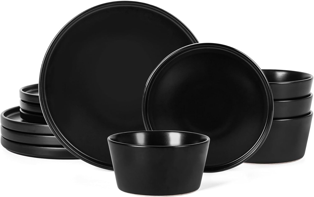 Dinnerware Sets for 4 - CJDC-QUELO 12-Piece Stoneware Plates and Bowls Sets, Ceramic Dishware Sets for Kitchen Use and Formal Dining, Chip and Scratch Resistant Microwave Dishwasher Safe, Black