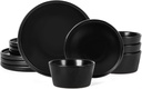 Dinnerware Sets for 4 - CJDC-QUELO 12-Piece Stoneware Plates and Bowls Sets, Ceramic Dishware Sets for Kitchen Use and Formal Dining, Chip and Scratch Resistant Microwave Dishwasher Safe, Black