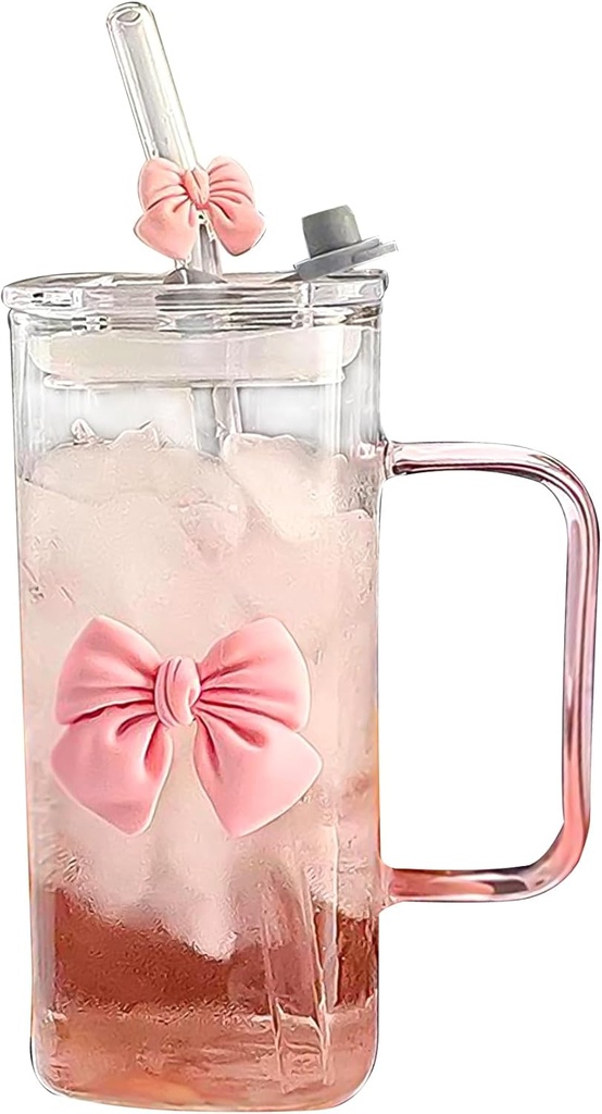 Coquette Bow Aesthetic Cup - Pink Bow Glass Cup, Cute Glass Cups with Lids and Straws, 16 oz Bow Tumbler Iced Coffee Tumbler Cups for Girls Bestfriend (Clear)