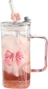 Coquette Bow Aesthetic Cup - Pink Bow Glass Cup, Cute Glass Cups with Lids and Straws, 16 oz Bow Tumbler Iced Coffee Tumbler Cups for Girls Bestfriend (Clear)