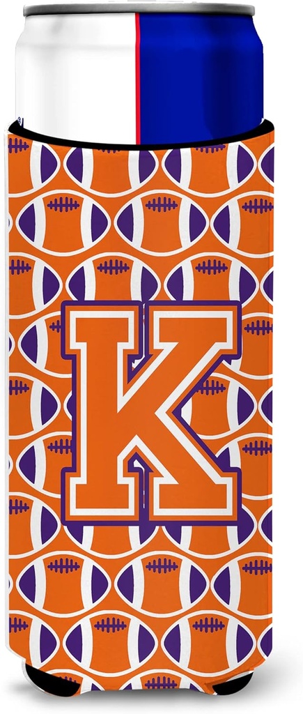 Letter K Football Orange, White and Regalia Ultra Beverage Insulators for slim cans