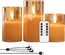 GenSwin Rechargeable LED Flameless Flickering Glass Candles with Remote Timer, Battery Operated Pillar Candles Long Lasting Gold Real Wax USB Candle (D 3”×H 4”5”6”)