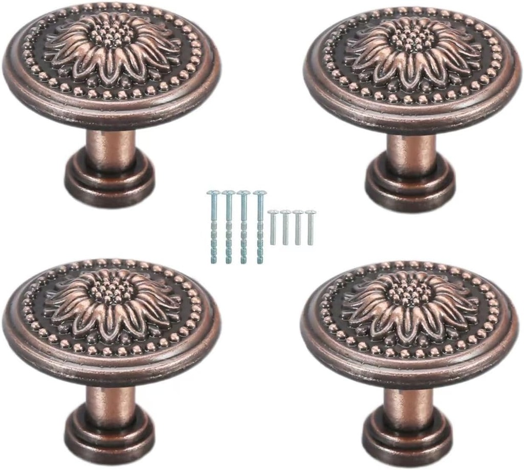 Vintage Round Zinc Alloy Door Knob Drawer Pull Cupboard Wardrobe Cabinet Handle Red Copper 4Pcs