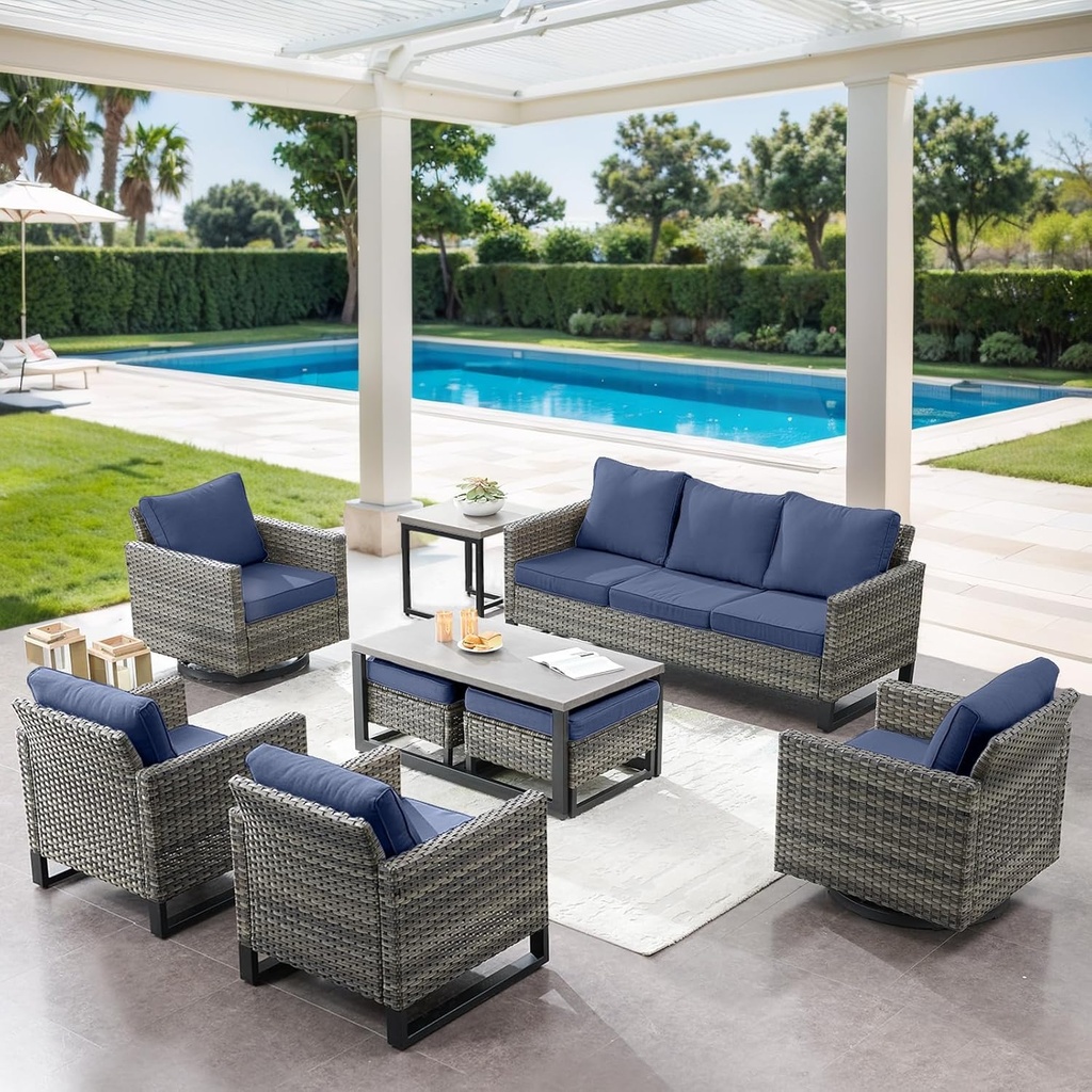 9 Piece Wicker Patio Furniture Set - Outdoor Swivel Rocker Chairs Set with Coffee Table, Rattan Chairs, 3 Seat Sofa & Ottomans, Patio Conversation Sets for Bcakyard Deck - Grey/Blue
