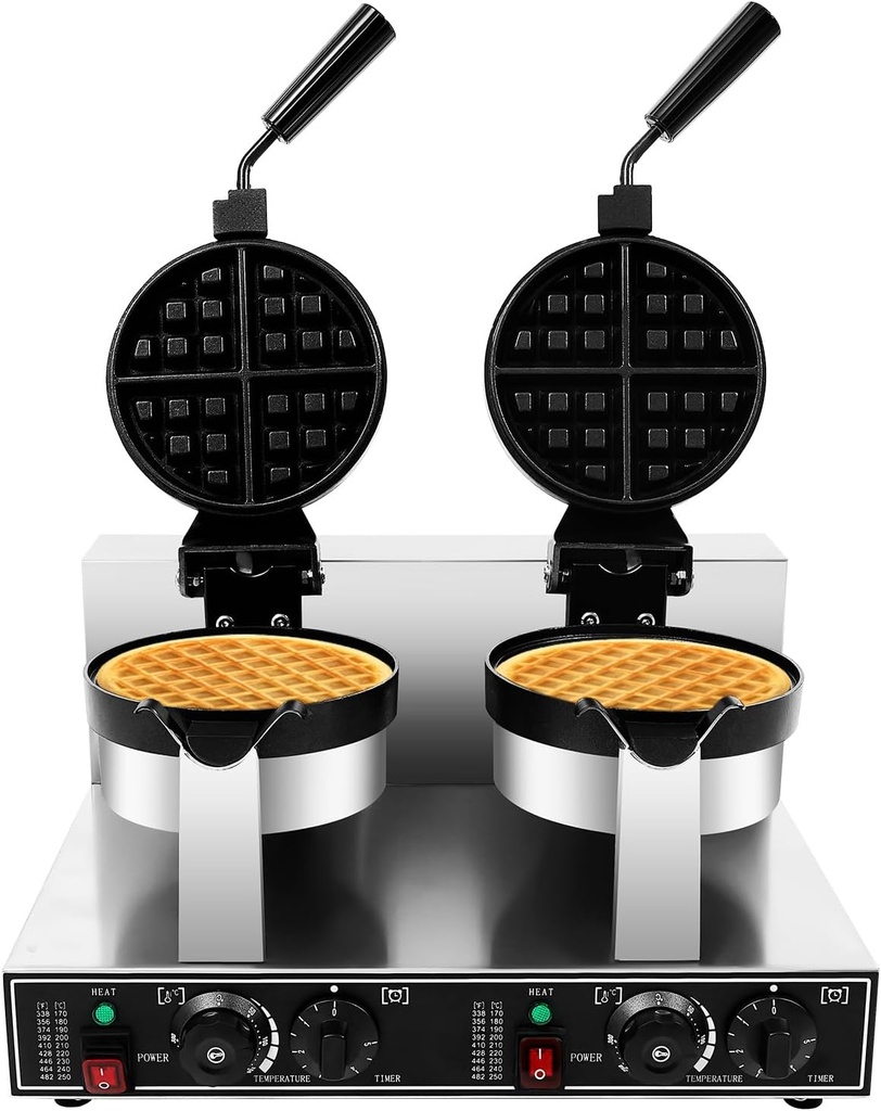 2400 W Commercial Double Head Waffle Maker,Stainless Steel Non Stick Round Waffle Machine with Adjustable Temp and Timer,Rotating Pancake Maker Machine for Restaurant Home Kitchen Snack Bar