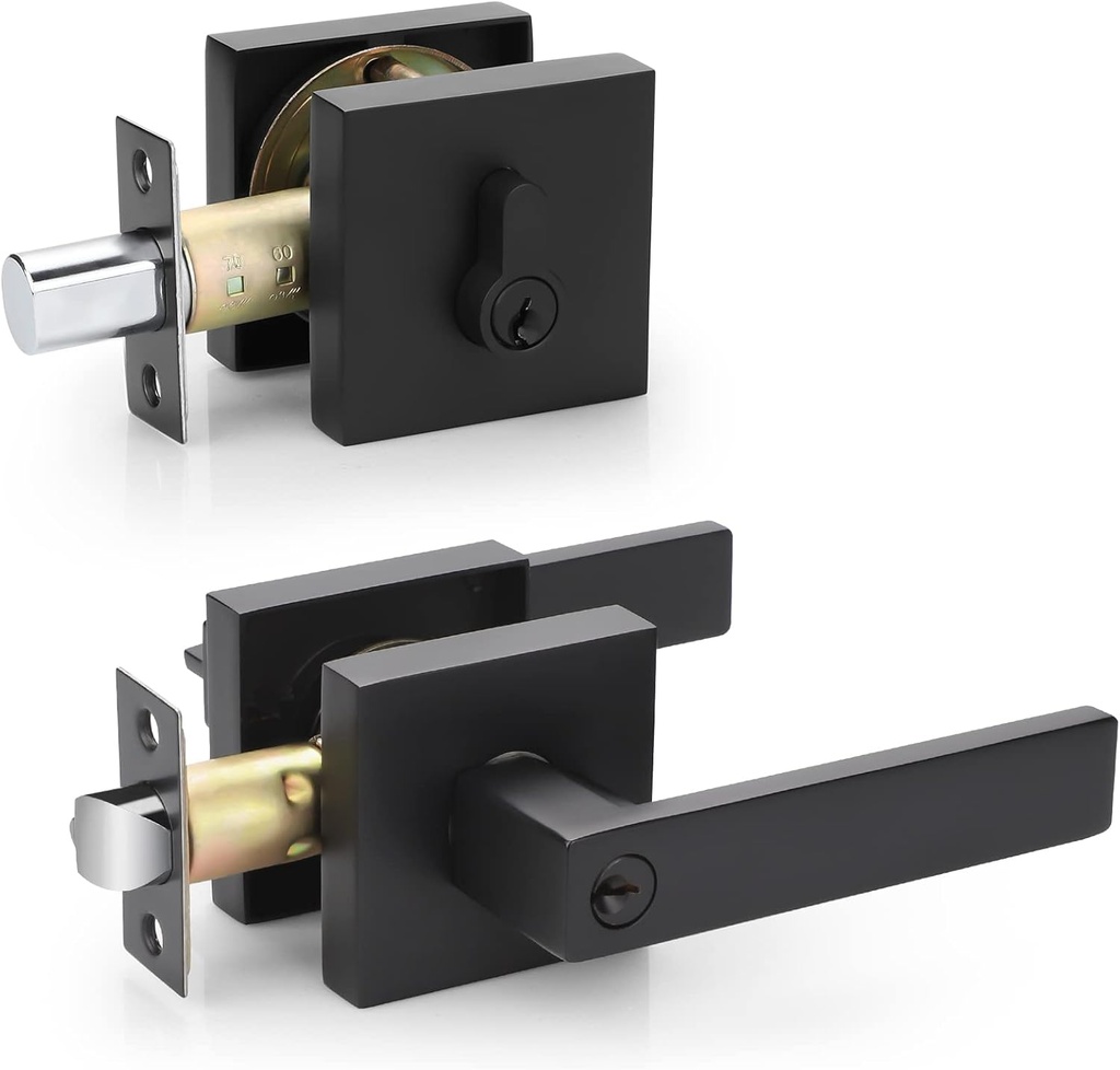 EHOMEWARE Black Door Handleset with Single Cylinder Deadbolt, Black Deadbolt, Reversible for Right and Left Side Single Keyed Square Deadbolt Lock Set, Square Handle