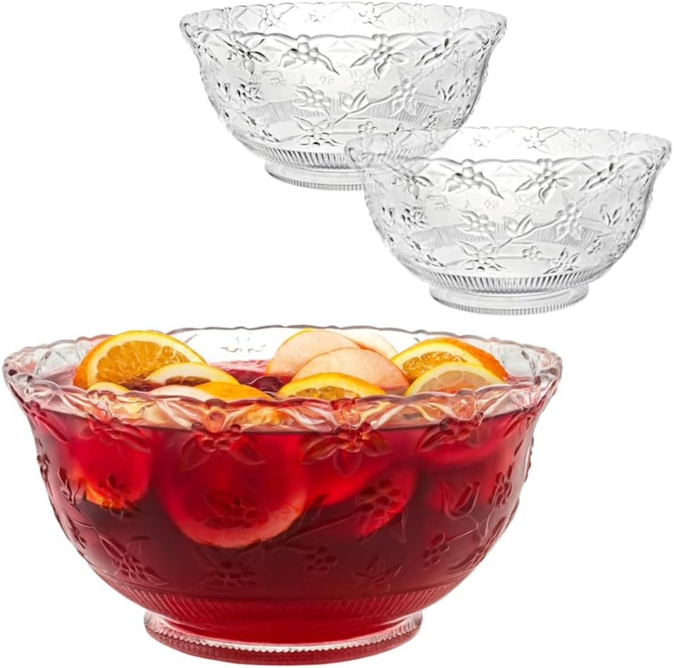 Large Plastic Punch Bowl, Clear Embossed Glass-Like 3-Gallon (12-Quart) Disposable Punch Bowl for Parties, Gatherings, Holidays, Events, Salads, Snacks, Candies, and Fruits, Pack of 3