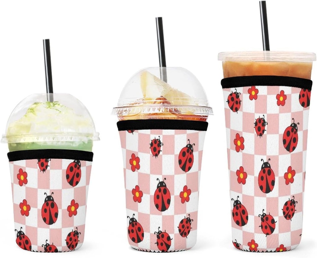 3 Pcs Cute Pink Plaid Red Ladybug Iced Coffee Cup Sleeves for Cold/Warm Beverages, Insulated Neoprene Cup Sleeve