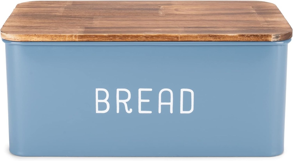 Nat & Jules Matte Blue 12 x 7 Metal Enamel Rubber Wood Lidded Bread Box