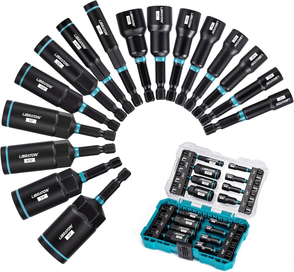 LIBRATON Magnetic Nut & Driver Set, 16pc Impact Driver Bit Set, 1/4"-9/16" Nut & 1/4"-4/3" Deep Nut Drivers, SAE Drive, Toolbox for Car Repairs