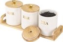3 Pack Ceramic Canister Set with Bamboo Lids and Handle Tray, Coffee Tea Sugar Container Set, White Ceramic Storage Jar Kitchen Canister for Countertop, White-Style 2