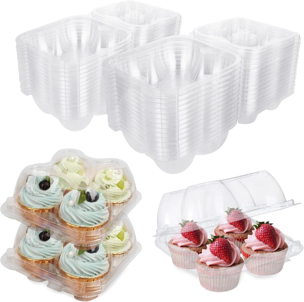 50 Sets Cupcake Containers, Plastic Cupcake Carriers for 4 Cupcakes, Clear Cupcake Boxes Holders, Stackable Disposable Cupcake Carriers