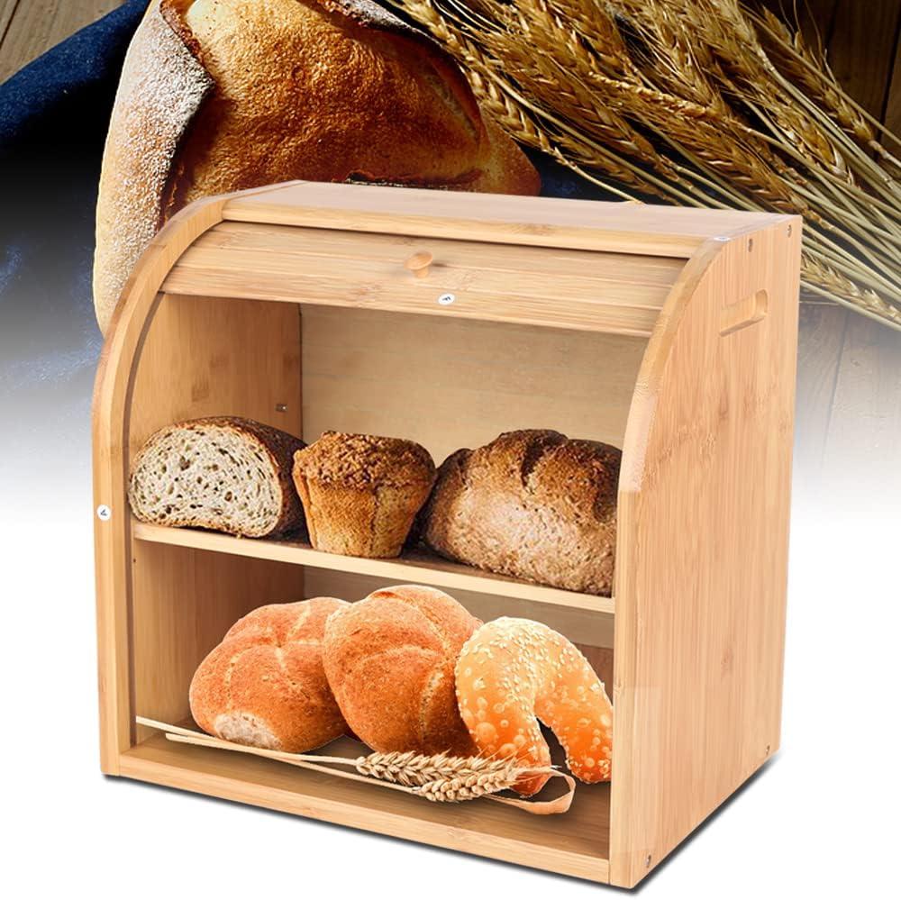 Bread Box, 2 Tier Bamboo Bread Box, Large Capacity Breads Storage Container, Food Storage Boxes for Kitchen Dining Room