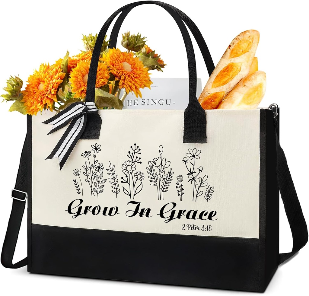Grow in Grace Tote Bag - Christian Tote Bag Inspirational Religious Bible Verse Canvas Handbag with Zipper Reusable Personalized Handbag for Women Birthday Catholic Nurses Day Mothers Day Gift