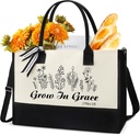 Grow in Grace Tote Bag - Christian Tote Bag Inspirational Religious Bible Verse Canvas Handbag with Zipper Reusable Personalized Handbag for Women Birthday Catholic Nurses Day Mothers Day Gift