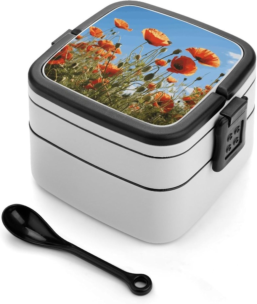 Poppies Flower Bento Box with Spoon, 2-layer Stackable Lunch Box Leak Proof with Invisible Handle, Insulated Food Storage for Office, Picnic & Travel