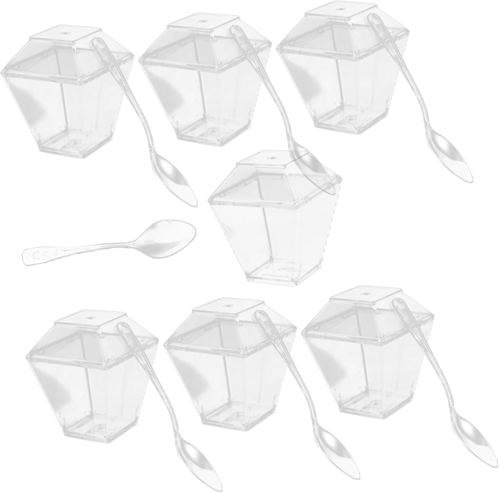 Garneck 60ml Square Dessert Cups with Lids Spoons Mini Mousse Pudding Cups Trapezoid Design Elegant Practical Safe Material Reusable