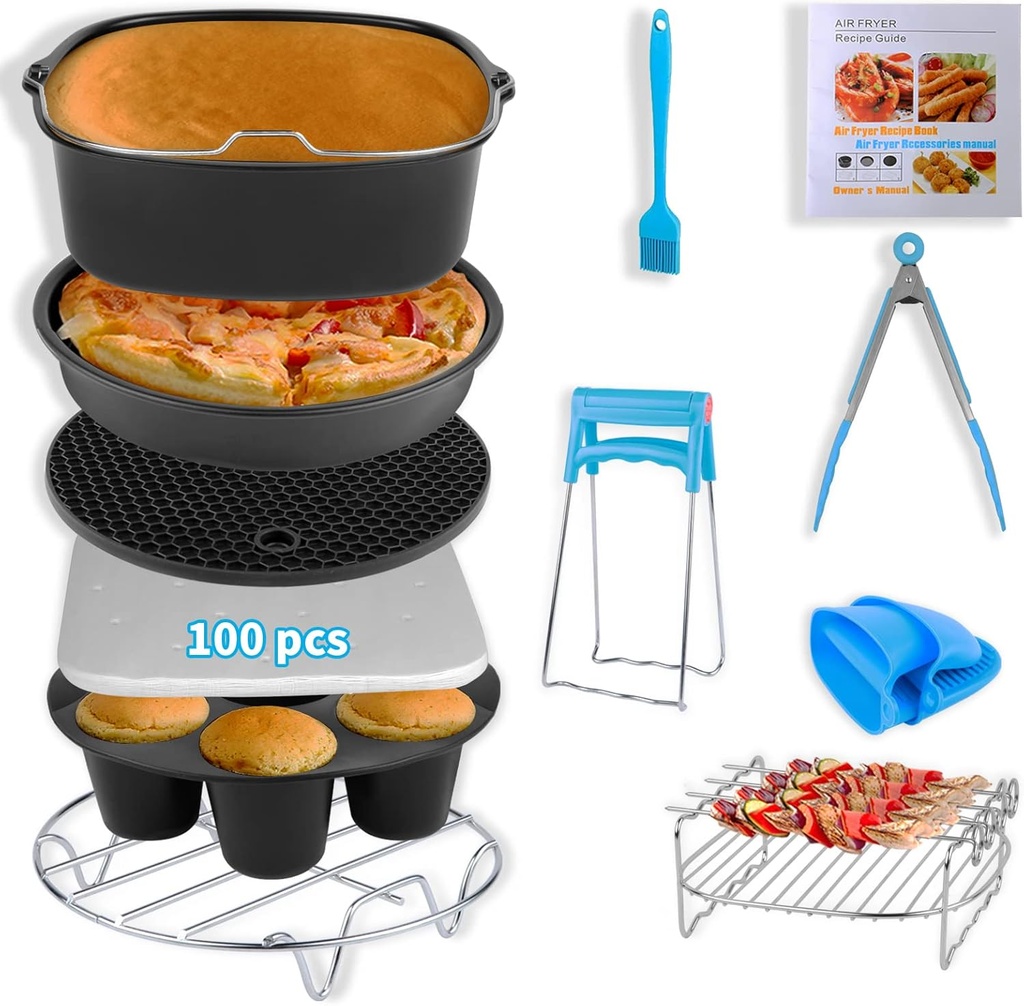 Air Fryer Accessories for Ninja Gourmia COSORI 3.6 4.2 5.8QT Square Air Fryer with Cake Barrel Pizza Pan Cupcake Pan Metal Holder Skewer Rack Silicone Mat Food Tong Oil Brush