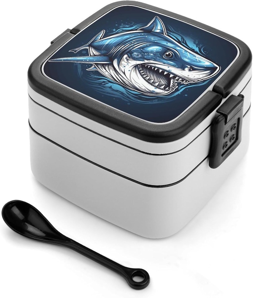 All-in-One Bento Box Stackable Leak-Proof Lunch Box With Carry Handle 2 Layer Portable Meal Prep Container Blue Cartoon Shark Lunchbox with Utensils for Dining Out Work