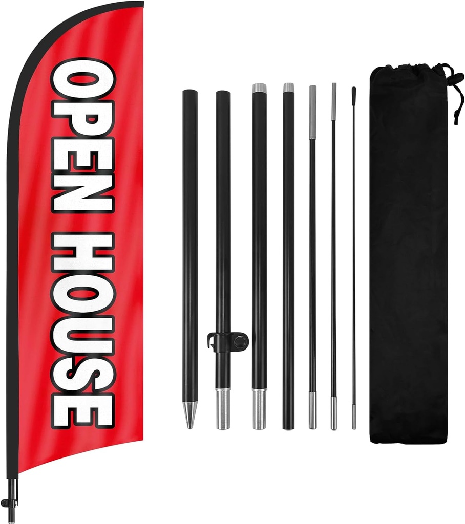 Open House Flags for Real Estate Agents With Pole Kit and Ground Stake 8Ft, Signs for Outside, Flag Sign Banner (Black/Red)
