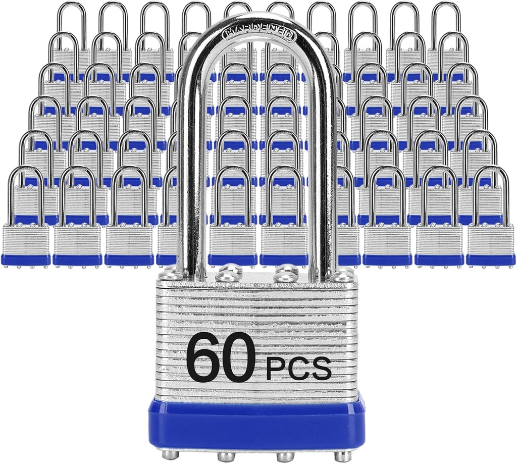 Padlocks with Same Key, LQYN 60 Pcs Laminated Keyed Padlock (1-9/16", 40mm), Keyed Alike Locks, Long Shackle, for Storage Locker, Hasp Latch, Toolbox, Sheds