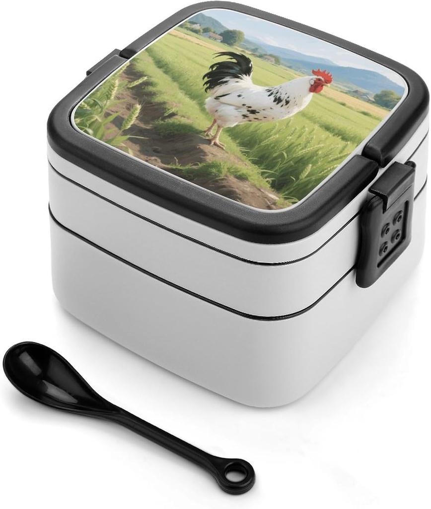 Chicken Bento Box - Double Layer, Leakproof Food Containers with Partition & Spoon, Stackable Lunch Box for Office, Travel, Camping