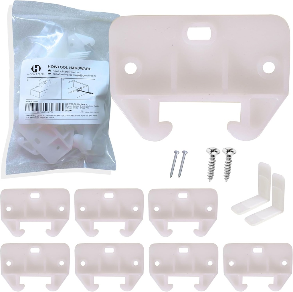 Drawer Track Guides Fixed L-Angle Drawer Glide Set with Screws, 8 Pack White Replacement Drawer Guides for Side-Mount Rails | HOWTOOL