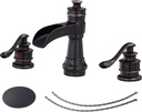Two Handle 8 Inch 3 Hole Widespread Bathroom Sink Faucet Oil Rubbed Bronze Farmhouse Waterfall with Pop Up Drain Stopper Assembly Vanity Commercial Supply Lines Hose Lead-Free Mixer Tap