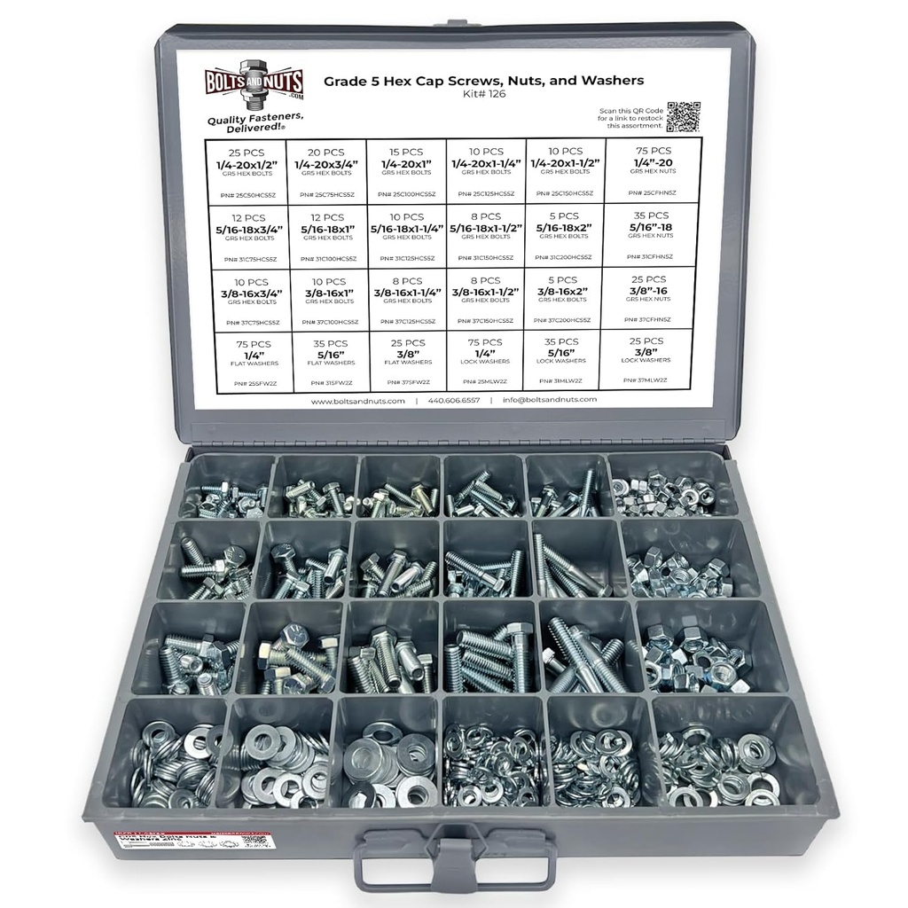 Grade 5 Hex Cap Bolts Screws, Nuts, Washers, Lock Washers Assortment Kit - 574 Pieces!