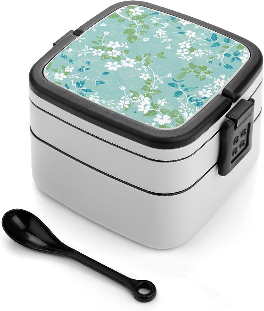 White Floral Pattern Bento Box Adult Lunch Box All-in-One Lunch Containers with Removable Compartments Double Layer Bento Lunch Box with Spoon And Handle Stackable Lunchbox