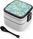 White Floral Pattern Bento Box Adult Lunch Box All-in-One Lunch Containers with Removable Compartments Double Layer Bento Lunch Box with Spoon And Handle Stackable Lunchbox
