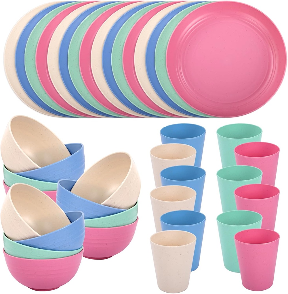 LIYH 36 Pcs Wheat Straw Dinnerware Set for 12,Plastic Plates Reusable,Camping Plates and Bowls Set,Dishwasher Safe Dinnerware,Unbreakable Plate Pink Green Blue Beige