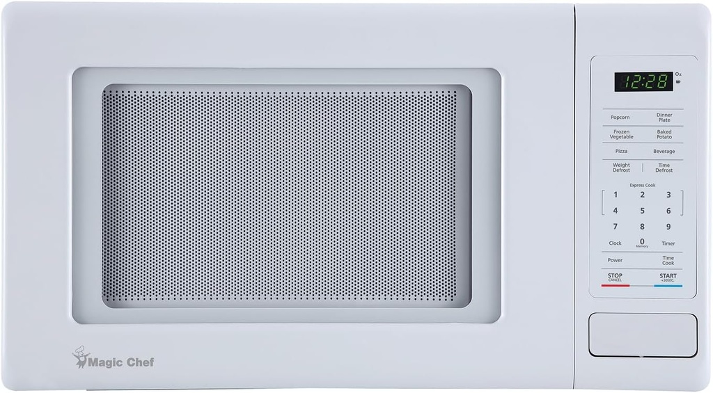 Magic Chef 0.9 Cubic Feet 900 Watt Stainless Countertop Microwave Oven for Compact Spaces with 6 Pre Programmed Cooking Modes, White