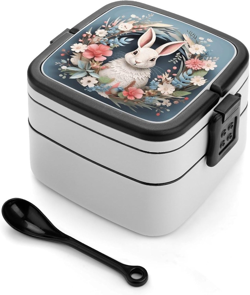 Easter Wreath with Rabbit Bento Box Large Capacity Double Layer Lunch Boxes Portable Leakproof Meal Box Stackable Lunch Container For Work Picnic Camping