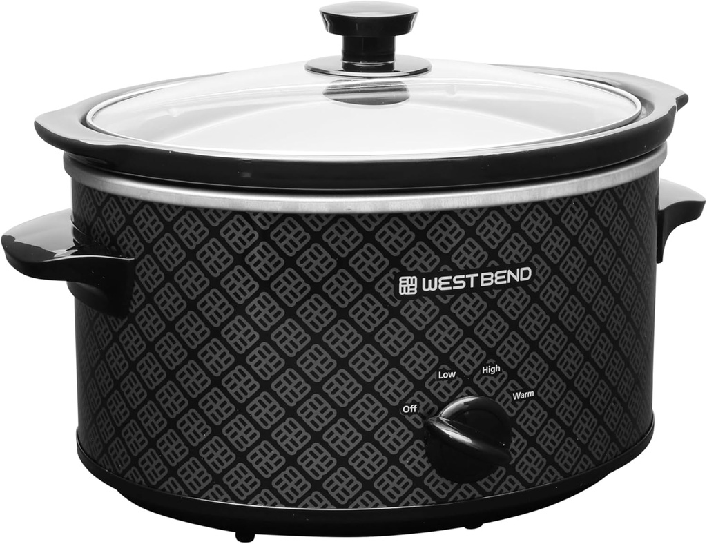 West Bend Slow Cooker 4-Quart Manual Crockery Style with Dishwasher Safe Oval Ceramic Crockpot and Glass Lid Two Temperature Settings Plus Keep Warm, 210-Watts, Black