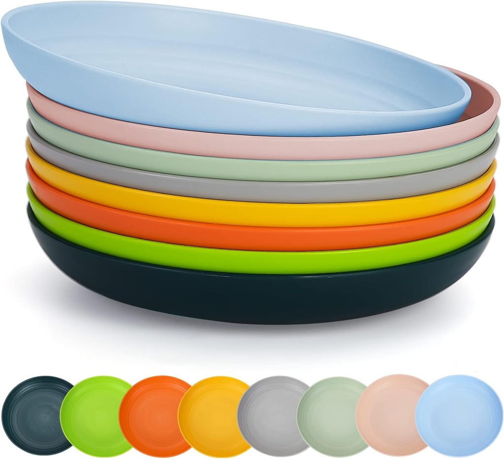 Berglander 9 Inch Plastic Deep Dinner Plates Set of 8 Colors, Reusable and Sturdy Unbreakable Dishes Set for Pasta Bowls,Ramen,Drop Resistant, BPA Free Dinnerware Microwave Safe Dishwasher Safe
