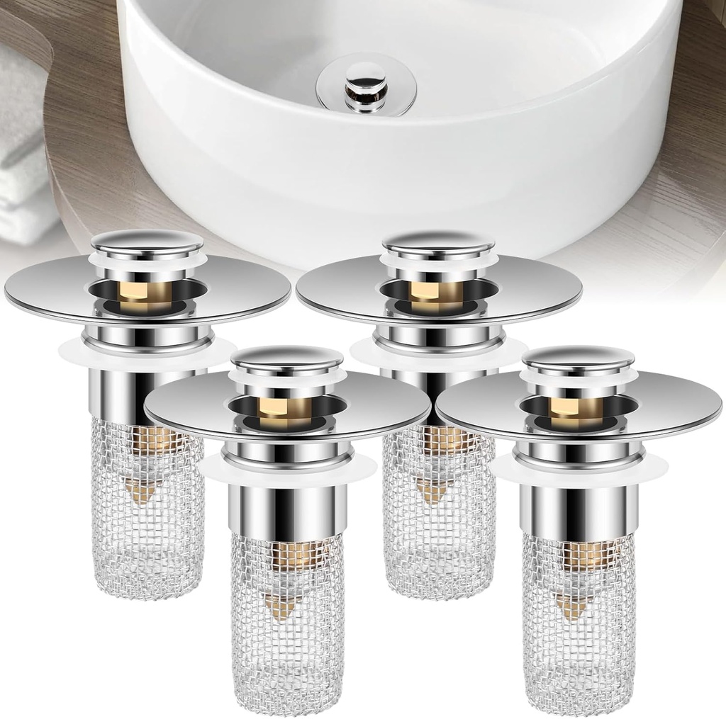 4Pcs Pop Up Sink Drain Strainer, Stainless Steel Bathroom Sink Plug Strainer with Filter Basket, Brass Sink Drain Replacement Stopper, Anti Clogging Basin Sink Drain Filter for 0.9-1.4" Sink Hole