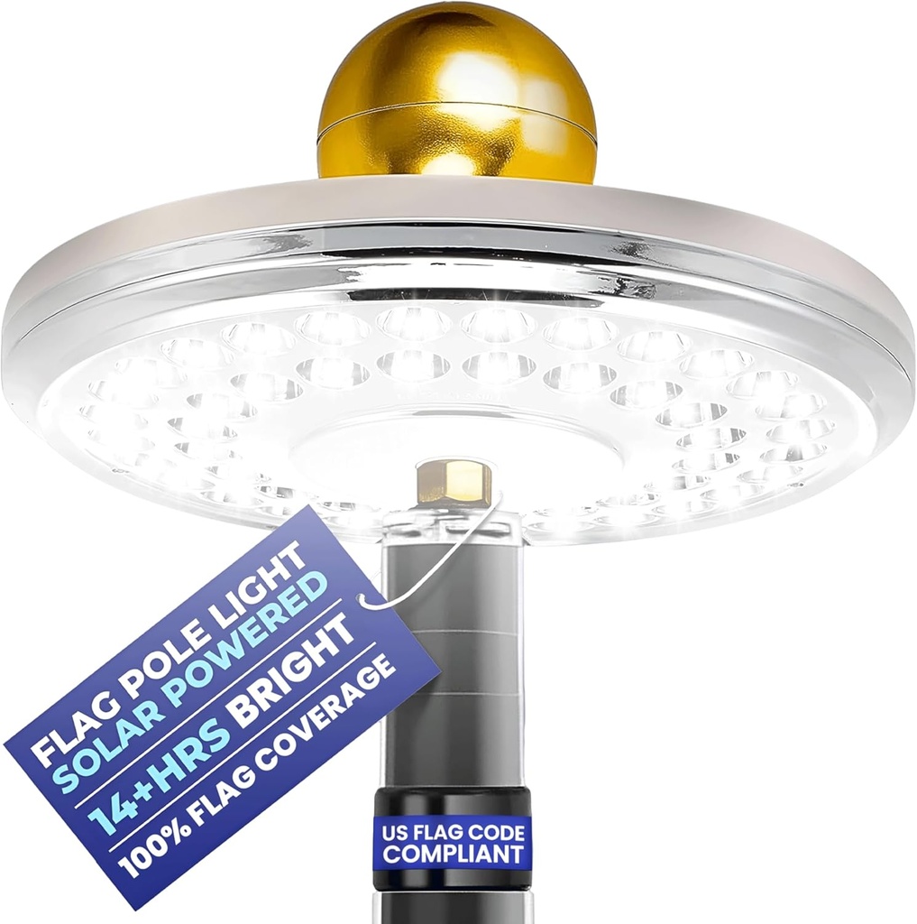 Ultra Bright Solar Powered Flag Pole Light | 100% Coverage with 48 LEDs | 14-Hour Dusk to Dawn | Waterproof | Obey The U.S. Flag Code | Auto ON/Off System | Easy to Install