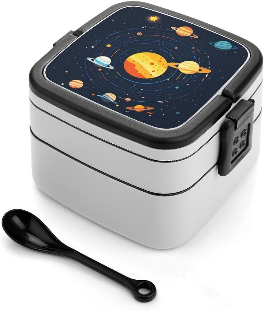 Double Layer Bento Box for Adults Solar System Planets Print Stackable Bento Box Removable Lunch Boxes for Dining Out,Work