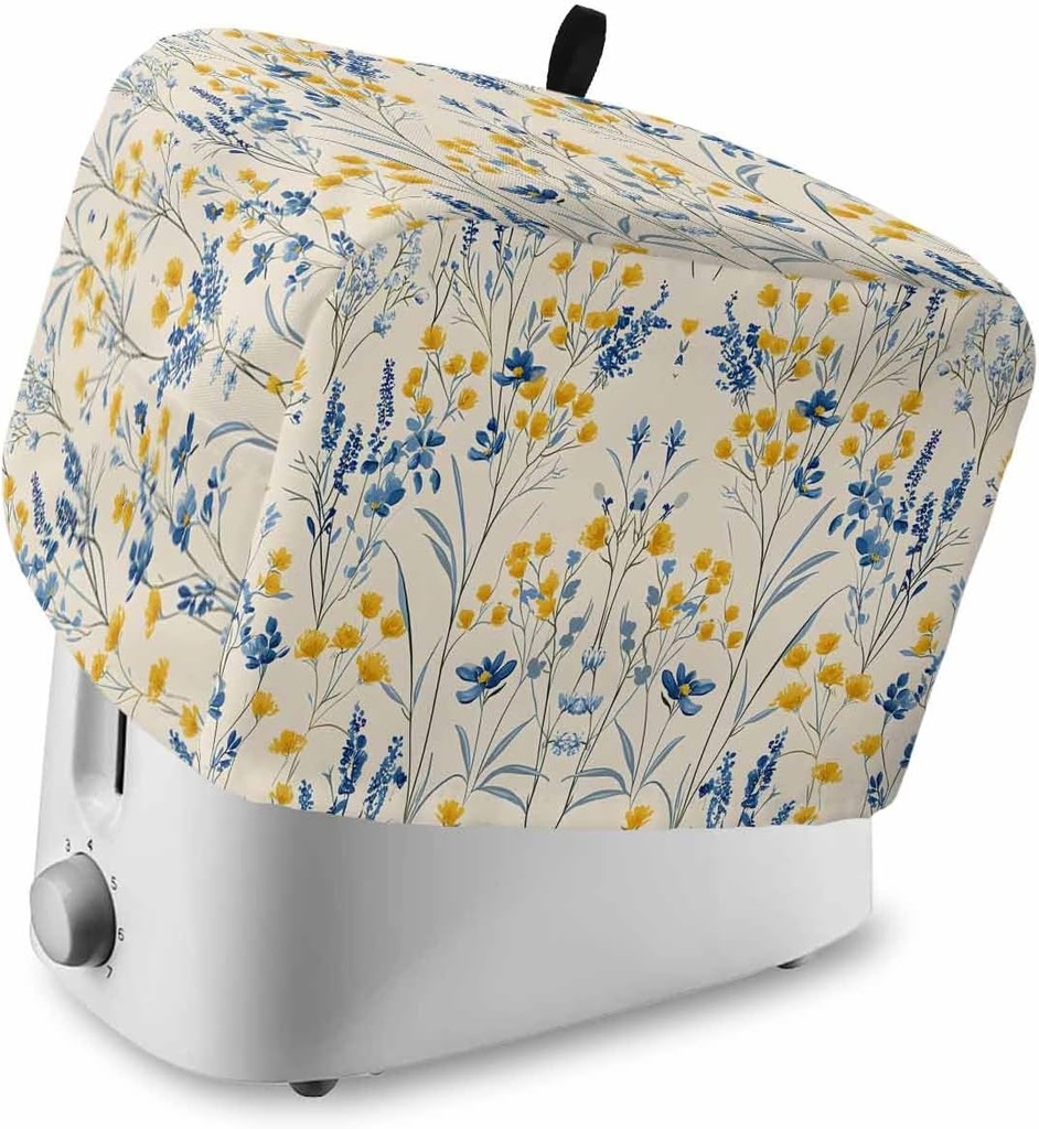 Blue Yellow Flowers Toaster Cover 4 Slice, Kitchen Appliance Covers with Pocket & Loop, Botanical Blossom Motif Polyester Bread Machine Covers Dust & Fingerprint Protection