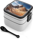 Weathering Mountain Bento Box Adult Lunch Box All-in-One Lunch Containers with Removable Compartments Double Layer Bento Lunch Box with Spoon And Handle Stackable Lunchbox