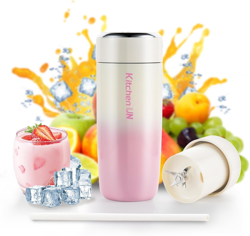 Portable Stainless Steel Blender Cup with 6H Insulated 16oz Design, USB-C Rechargeable Personal Fruit Mixer, Crushes Small Ice Cubes for Fresh Drinks, Travel/Office/Gym – Pink